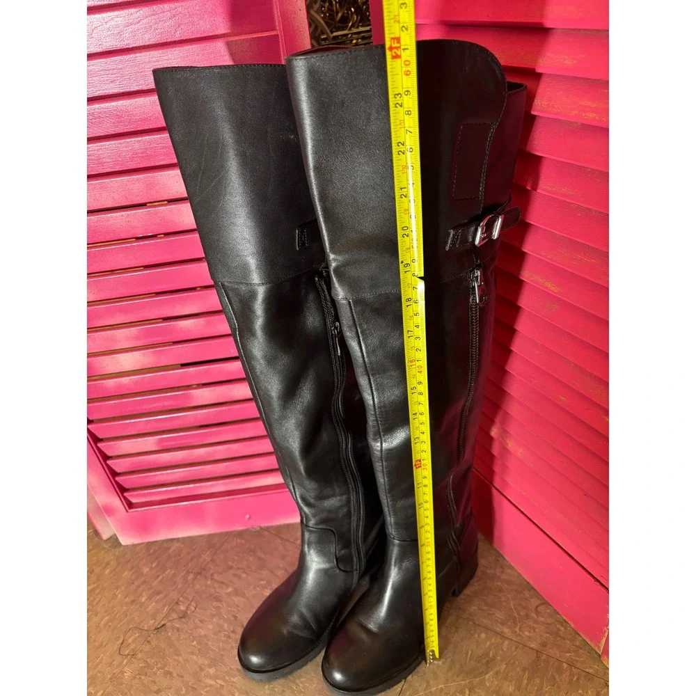 Tata Black Leather Over The Knee Boots Buckle Detail Low Block Heel Tall Boots